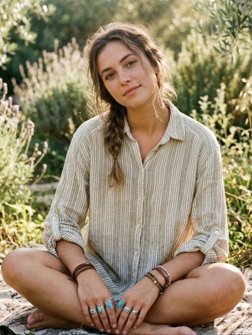 Jane and Delancey Beige and White Striped Button-Up Blouse